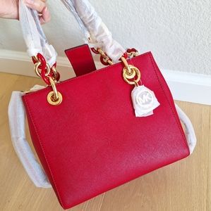 NWT Michael Kors Cynthia Small Saffiano Leather Satchel Bag $298 Red